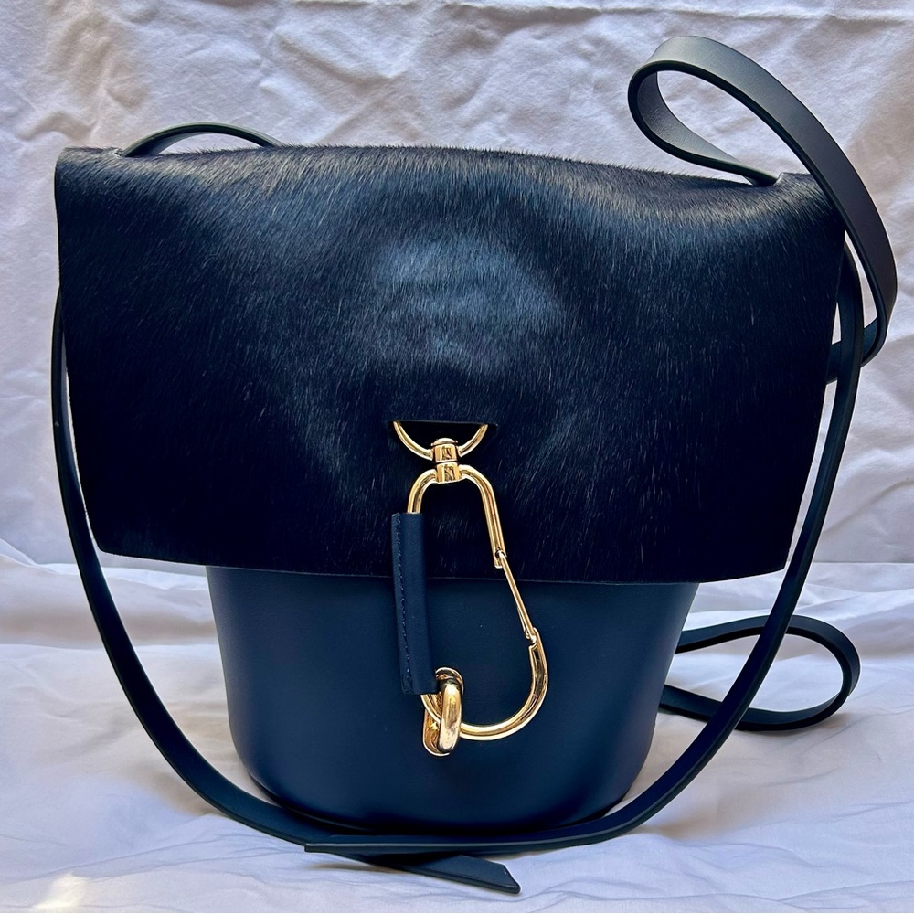 Zac Posen Belay Medium Leather & Calf Hair Crossbody Bucket Bag Navy Blue